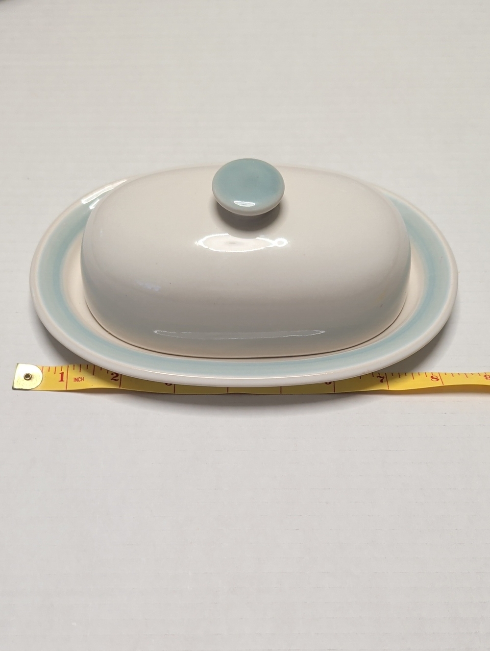 White Ceramic Butter Dish with Pale Blue Rim and Knob